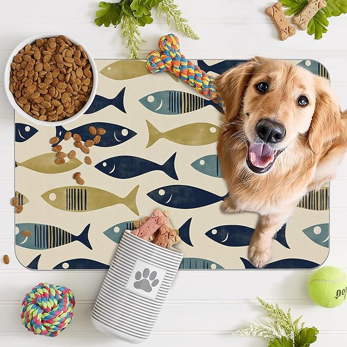 Fish Boho Dog Food Mat for Floors,Ocean Absorbent Quick-Dry Pet Feeding Mat,Cat Dog Bowl Mats for Food and Water,Non-Slip Pet Accessories Supplies 16"x24"