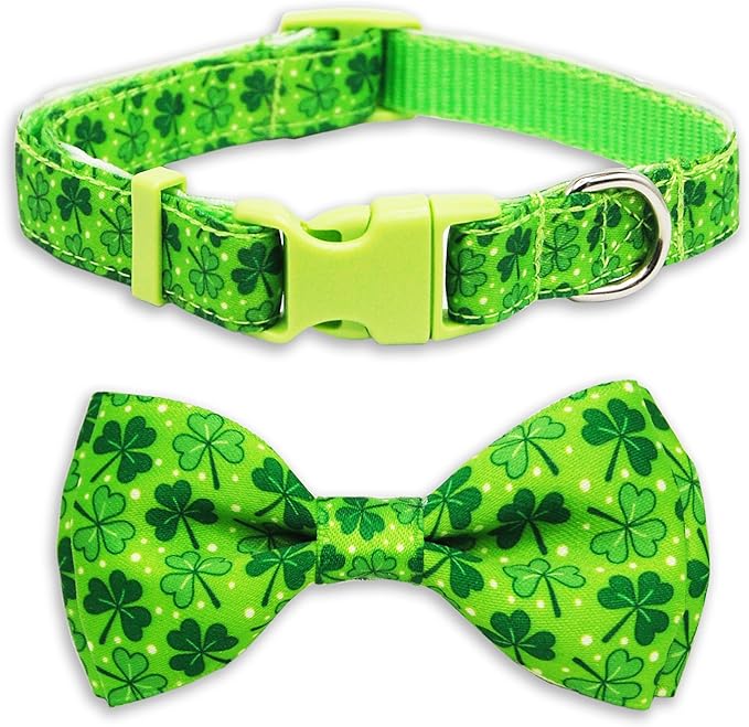 St. Patrick's Day Dog Collar with Bow Tie Set, Green Shamrock Clover Pattern Pet Collar, Adjustable Lucky Irish Holiday Neckwear for Small, Medium, and Large Dogs