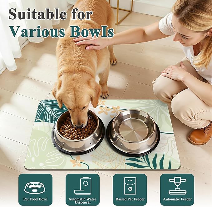 Topotdor Boho Dog Food Mat - Absorbent Quick-Dry Cat Bowl Mat for Food and Water, Non-Slip Pet Feeding Placemat for Messy Drinkers Dog Accessories Pet Supplies, 16"x24", Green