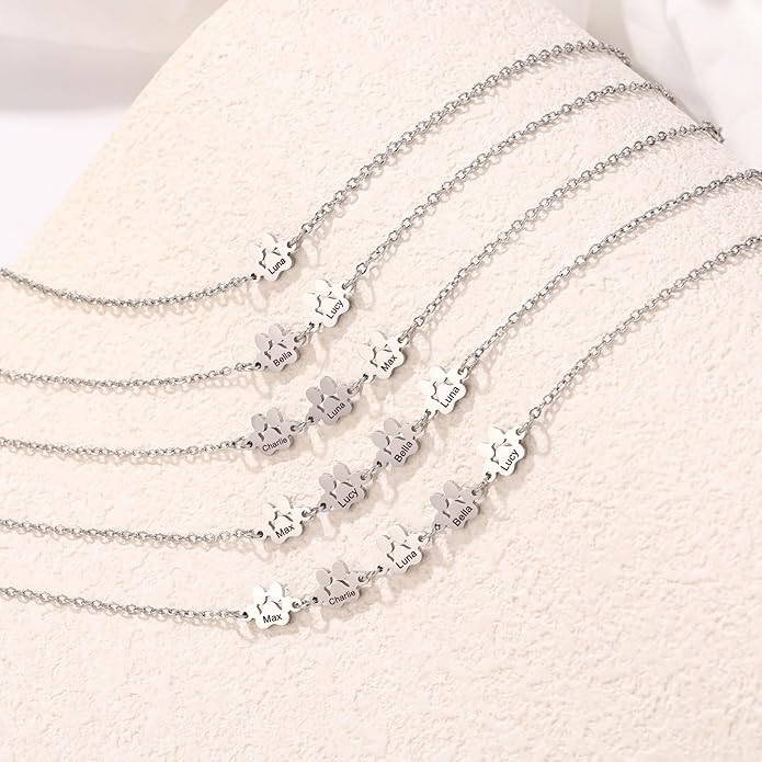 MeMeDIY Personalized Paw Print Bracelet for Women Engraved 1-5 Names Dog Cat Pet Paw Bracelet Adjustable Chain Dog Jewelry Memorial Gifts for Pet Lovers