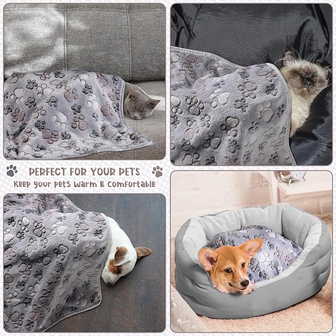 Tegeme 8 Pcs Fleece Dog Blankets for Small Dogs Cat Soft Coral Velvet Warm Sleep Mat Fluffy Dog Paw Print Blanket for Kitten Doggy Small Animal(30 x 20 Inch,Gray)