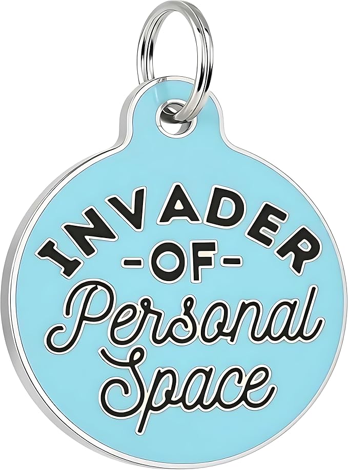 Bad Tags Personalized Dog and Cat ID Tags in 25+ Designs and 2 Sizes - 5 Lines of Custom Engraved Text - Funny Cute Personalized Pet Tags (Invader of Personal Space - Blue, Small (1 inch))