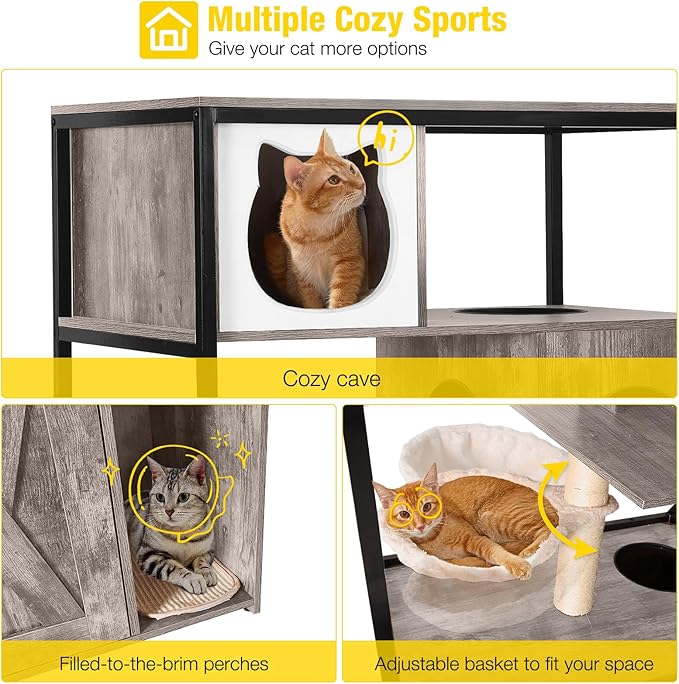 Aivituvin Cat Litter Box Enclosure, Litter Box Furniture Hidden, Wooden Cat Washroom Furniture, Indoor Cats House with Condo, Hammock, Scratching Mat and Storage Shelves-Greige