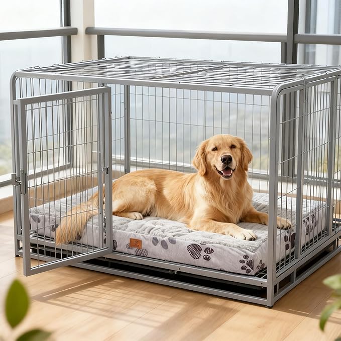Waterproof Orthopedic Dog Bed for Extra Large Dogs 41x27x4 Inch - Egg Crate Foam Pet Crate Bed with Removable Washable Cover, Plush Top Anti-Slip Bed Mat, Beige
