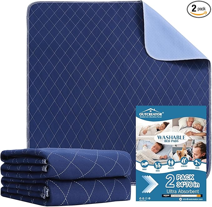 OUTCREATOR® Washable Bed Pads 34" x 76" (Pack of 2), Incontinence Mattress Protector, Anti-Slip Waterproof Underpads for Adults Kids Elderly Pets, Absorbency & Reusable Bedwetting Pads (Dark Blue)