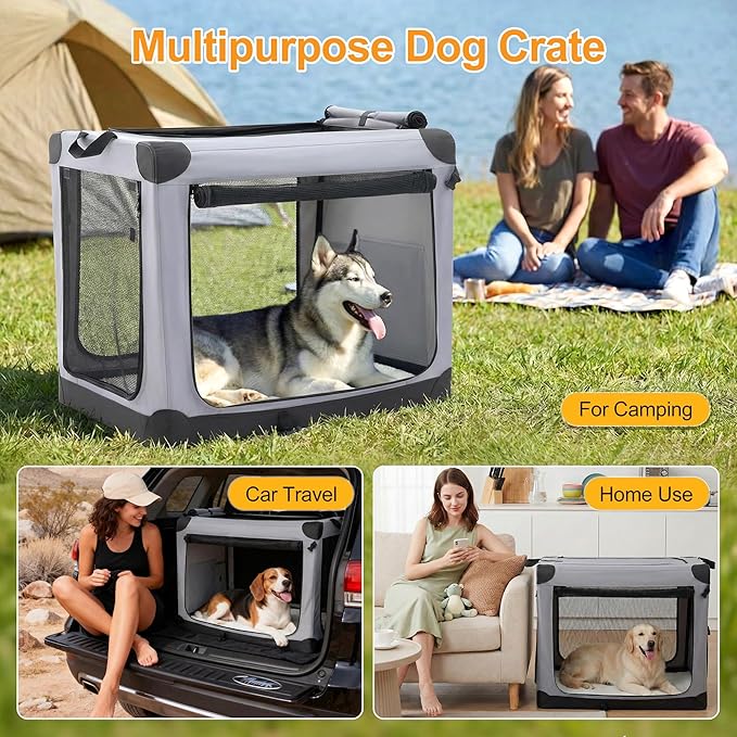 Dog Travel Crate 36 Inch, Portable Soft-Sided Travel Carriers for Dogs and Cats, Foldable Pet Kennel with 3-Doors Mesh Windows Indoor & Outdoor, Grey