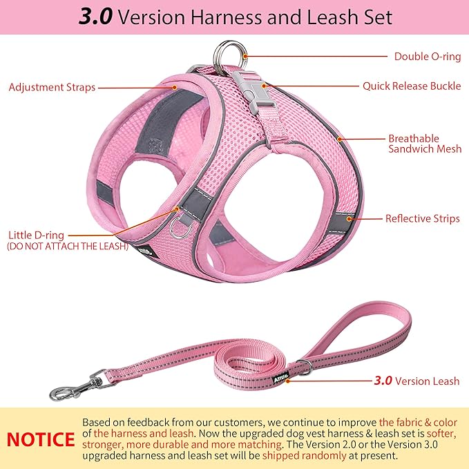 AIITLE Small Harness for Puppy with A Leash - Dog Vest Harness with Super Breathable Mesh, Reflective No-Pull Pet Harness for Outdoor Walking, Running for Small Dogs, Cats Pure Pink XXS