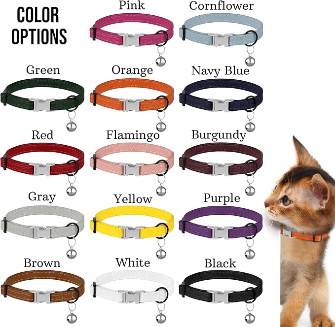 Leather Cat Collar with Buckle and Removable Bell - Non Breakaway Adjustable Soft Safety Small Pet Collars for Girl Boy Cats Kitten (Brown)