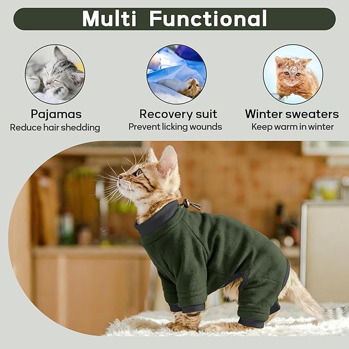 PUMYPOREITY Sticky Cat Clothes - Soft Cat Sweaters & Pajamas for Recovery & Hair Loss Prevention, Green, XS