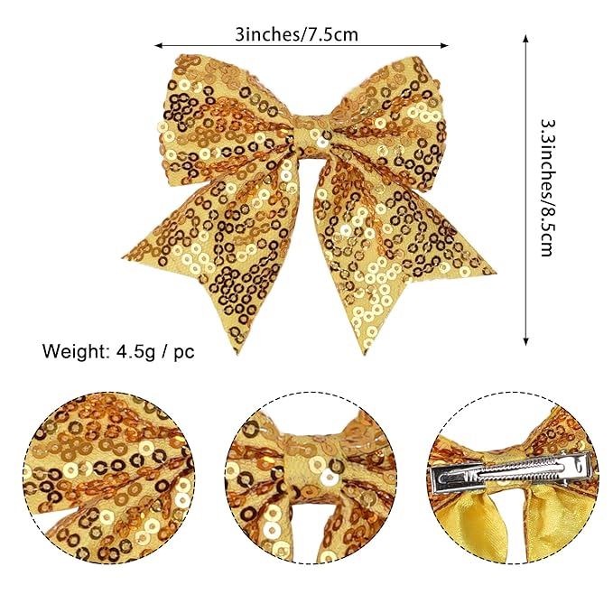 3-inch Sequined Bow Hair Clips For Baby Girls, Toddler, Kids and Young Women Birthday Party Wedding Christmas Occasions Pet Accessories Set of 2 (Silver)