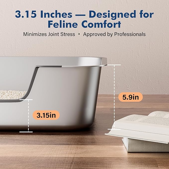 Stainless Steel Cat Litter Box with Low Entry, Large Metal Kitty Litter Box for Senior or Injured Cats, Odor-Free, Non-Stick, Easy to Clean, 23.4"x15.6"x5.9", for Multiple Cats