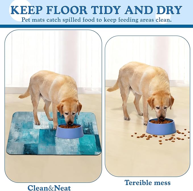 Blue Teal Dog Cat Food Mat–Christmas Stocking Absorbent Waterproof Placemat for Food and Water Bowls, Non Slip Rubber Backing, Feeding Mat for Clean Floors 12"x20"