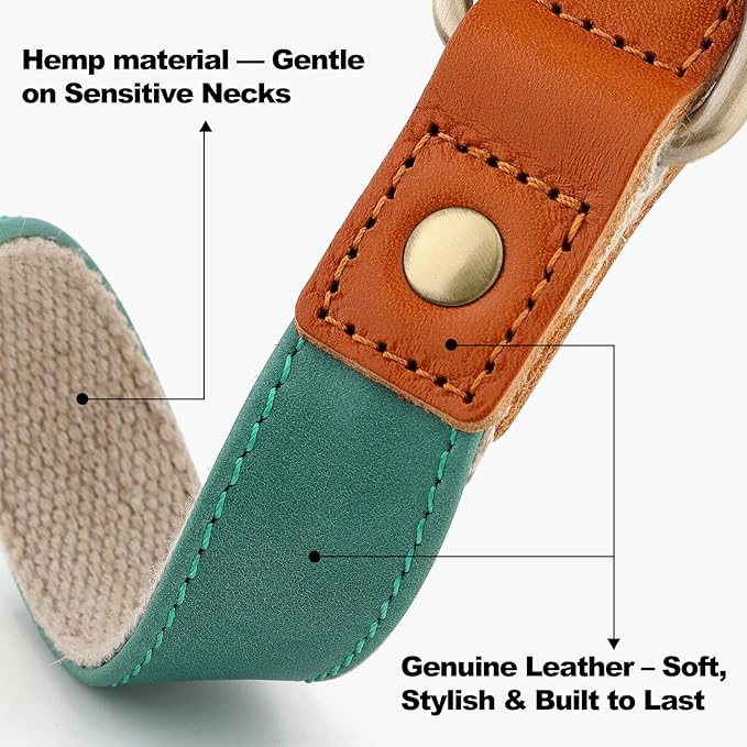 Plutus Pet Genuine Leather & Hemp Dog Collar – Adjustable Heavy Duty Pet Collar with Quick Release Metal Buckle, Soft & Stylish for Puppy and Small, Medium, Large Dogs (Green, L)