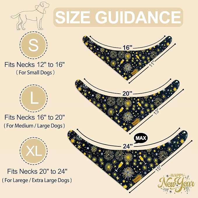 Happy New Year Dog Bandanas with Snap Button, 2 Pack Adjustable Bandanas for Small, Medium, and Large Dogs, Pet Scarf for Holiday Costume Accessory & Photo Shoot (Large)