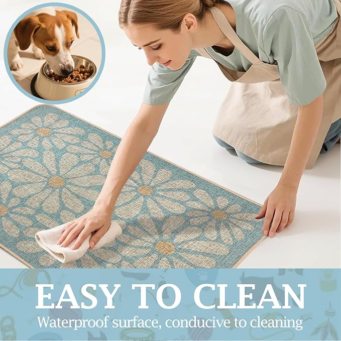 SHIYUE Dog Food Mats for Floors, Absorbent Cat Bowl for Food and Water, Non-Slip Accessories Pet Supplies(12"x20",Sky Blue Flower)