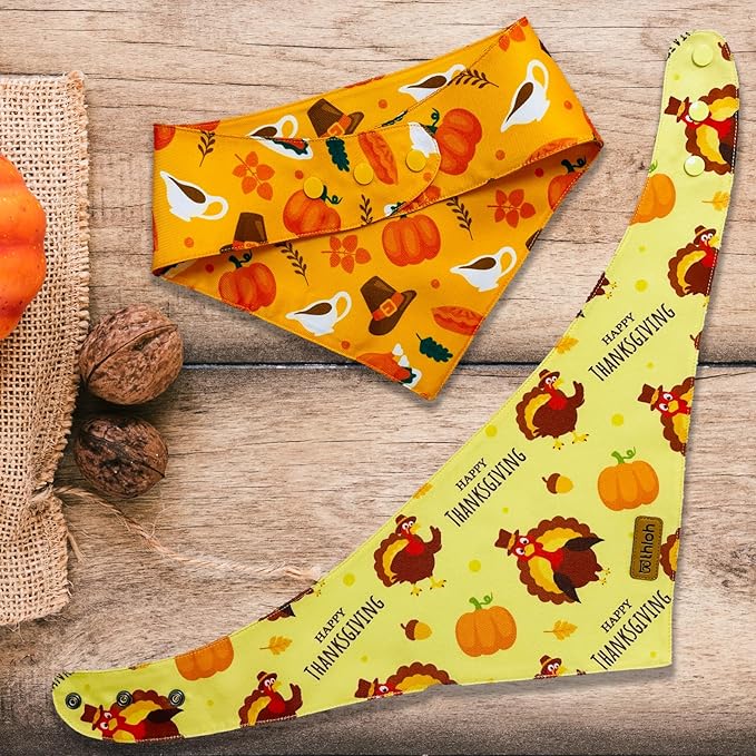 Thanksgiving Dog Bandanas with Snap Button, 2 Pack Adjustable Fall Bandanas for Small, Medium, and Large Dogs, Pumpkin Pet Scarf for Autumn Costume Accessory & Photo Shoot (Large)