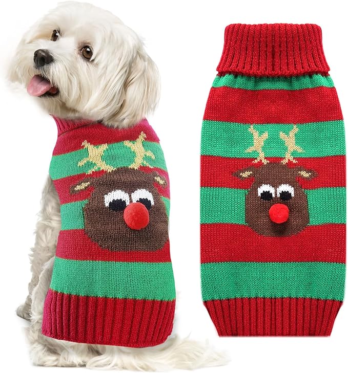Dog Cat Christmas Sweater Boy Girl Ugly Reindeer Xmas Pet Clothes Holiday Puppy Costume New Year Gifts for Small Medium Large Dogs Outfits (S, Red Green Stripe Reindeer)