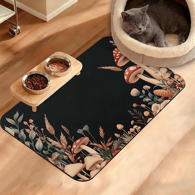 Vintage Mushroom Dog Food Mat,Leaf Absorbent Pet Feeding Mat for Food and Water Bowl,Quick Dry Dog Placemat Non Slip Rubber Backing Waterproof Pet Supplies 16" x 24"