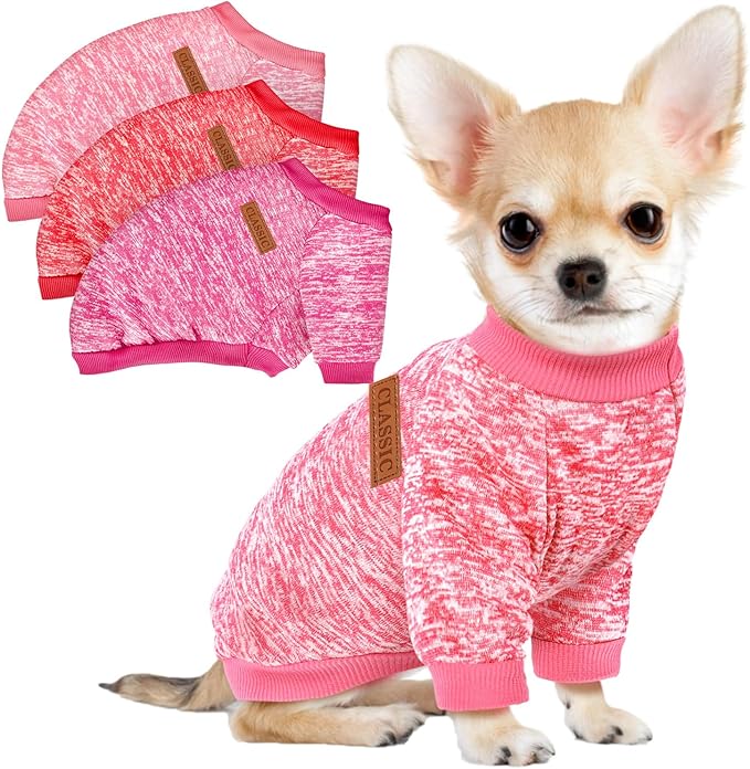 3 Pack Dog Sweaters for Small Dogs Girl Boy Winter Fleece Clothes Warm Soft Dog Sweatshirt Outfit for Dogs Cats Pet Apparel (Rose+Red+Pink, Medium)