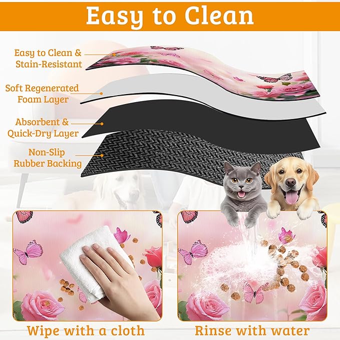 Rose Pink Dog Cat Food Mat,Butterfly Absorbent Waterproof Placemat for Food and Water Non Slip Rubber Backing Durable Feeding Pad for Clean Floors 16" x 24"