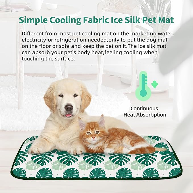 NWK Pack of 4 Pet Cooling Mat - Ice Silk Cooling Mat for Dogs & Cats Portable & Washable Pet Cooling Blanket, Car Seats, Beds for Summer (4pcs, Green Leaf, 39’’ X 27’’ X 0.3)