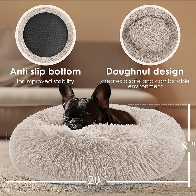 Hoewina Dog & Cat Bed, 20in Cat Beds for Indoor Cats, Calming Donut Bed for Puppy and Kitten, Washable Round Fluffy Pet Bed for Small Medium Dogs and Cats (Brown)