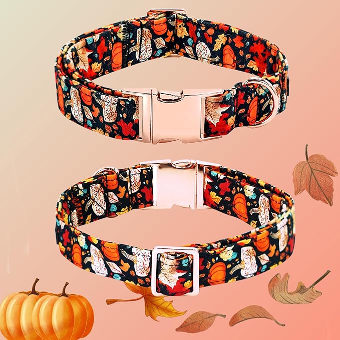 Fall Dog Collar, Leaf Pumpkin Print Adjustable Pet Collar Cute Cotton Soft Collars with Bow Tie Metal Buckle Holiday Puppy Collars Boy&Girl Gift for X-Small Dogs