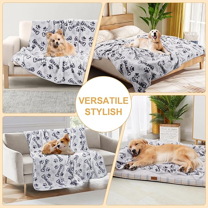 Large Dog Blanket, Soft Fleece Dog Blankets for Medium Dogs, 60X50 inches Fluffy Flannel Pet Cat Puppy Blanket Mat Cover for Bed Couch,Cute Flannel Bones and paw Print, Grey