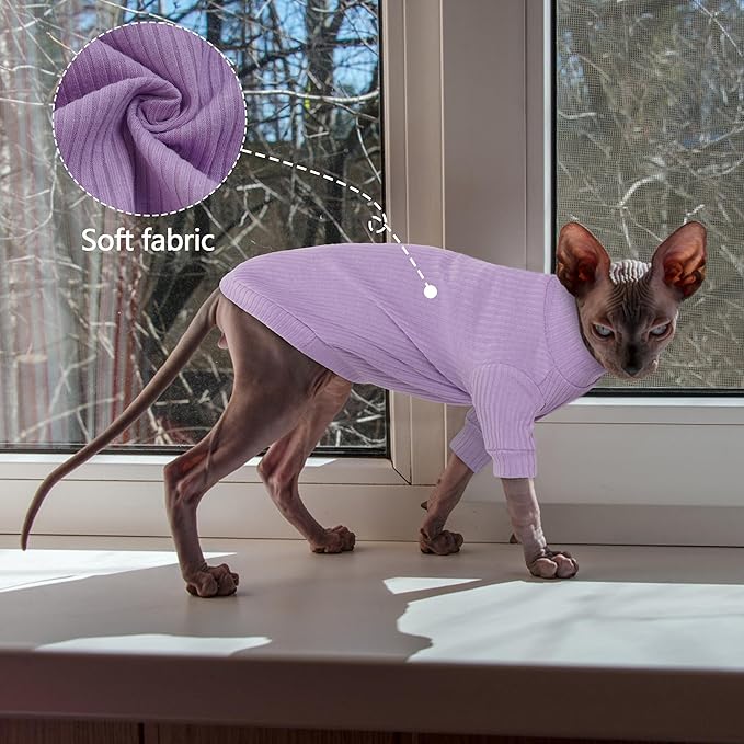 PUMYPOREITY Cat Clothes - Stretchy Cat Shirt & Sweater with Sleeves for Sphynx & Devon Rex Cats - Purple, XL