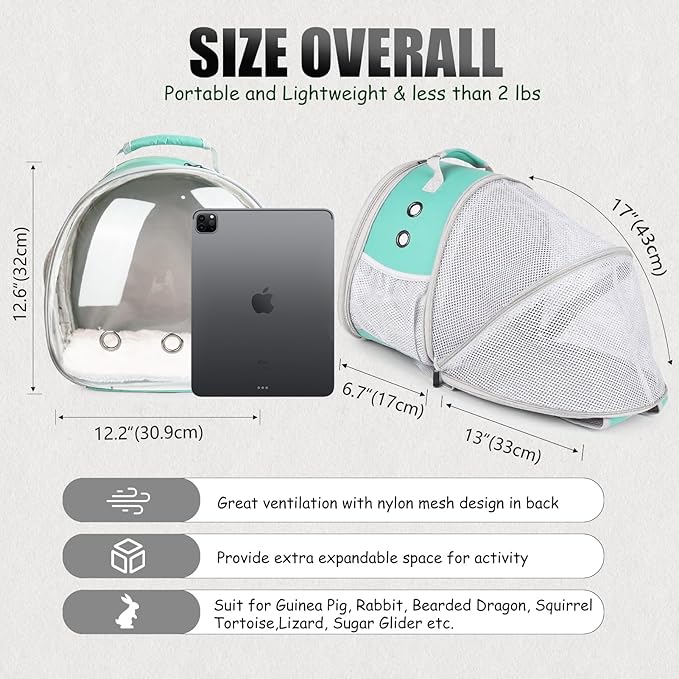 Back Expandable Backpack for Small Animals, Portable Travel Bag Breathable Pet Carrier Cages for Bunny, Guinea Pig, Bearded Dragon, Lizard, Rabbit, Squirrel, Tortoise, Kitten, Sugar Glider