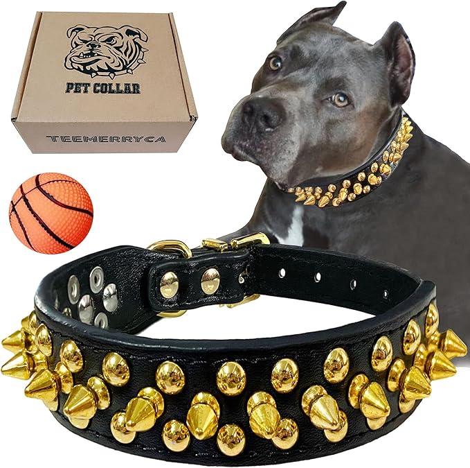 TEEMERRYCA Black Leather Dog Collar with Gold Spikes for Boy Small Medium Large Pets,Pit Bulls/Bulldog, Keep Dog Safe from Grabbing by Huge Dogs,XS(8.3"-10.6")