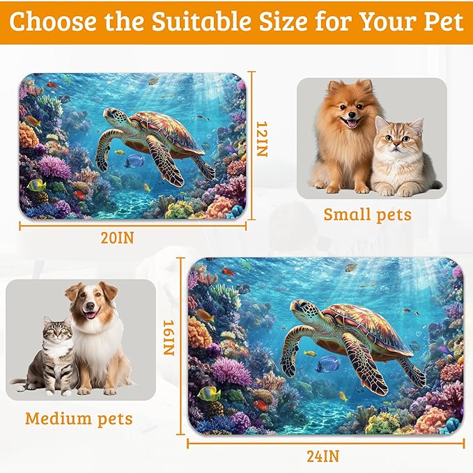 Sea Turtle Dog Cat Food Mat,Colorful Coral Absorbent Waterproof Placemat for Food and Water Non Slip Rubber Backing Durable Feeding Pad for Clean Floors 12" x 20"