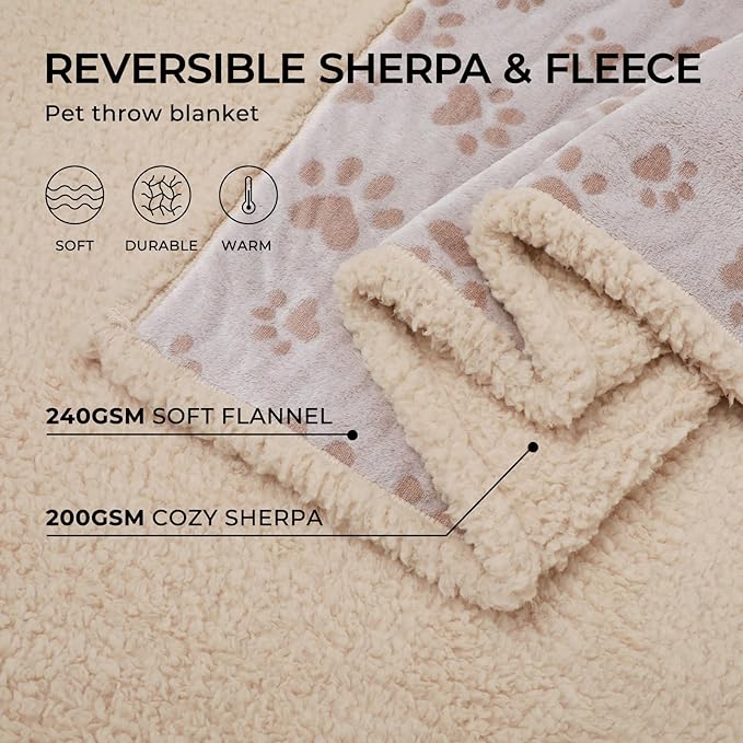 Luciphia Waterproof Pet Blankets Whith Paw Print for Couch Sofa Bed Cover, Liquid Pee Proof Soft Fluffy Dog Blanket Washable, Reversible Furniture Protection Puppy Cat, Khaki, X-Large（85" x 57"）