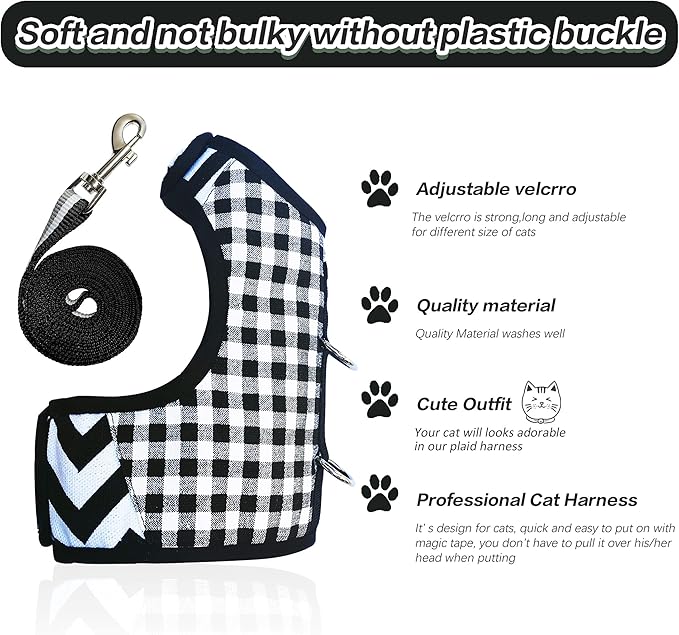 Cat Harness and Leash for Walking Escape Proof, Adjustable Cat Vest Harness, Padded Stylish Cat Walking Jackets, Black Plaid, X-Small