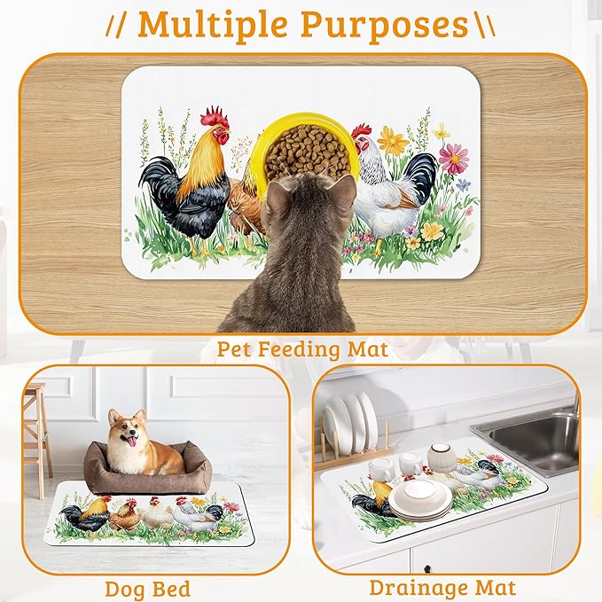 Chicken Rooster Dog Cat Food Mat,Green Grass Absorbent Waterproof Placemat for Food and Water Non Slip Rubber Backing Durable Feeding Pad for Clean Floors 16" x 24"