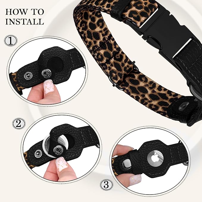 AirTag Dog Collar for Small Medium Large Breed - Adjustable Cute Pattern Dog Collar with Airtag Holder - Soft Leather Tracker GPS Apple Air Tag Pet Collars (X-Large, 20"-25" Neck Fit, Leopard)
