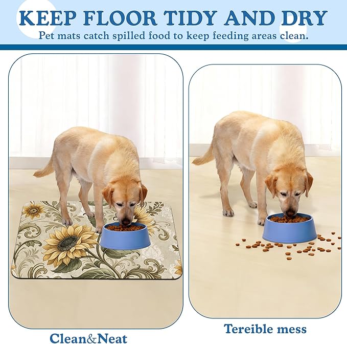 Vintage Sunflower Pet Feeding Mat for Floors–Christmas Stocking Absorbent Quick Dry Dog Cat Bowl Mat for Food and Water, Non Slip Waterproof Base, Mess-Free Feeding Accessories 12"x20"
