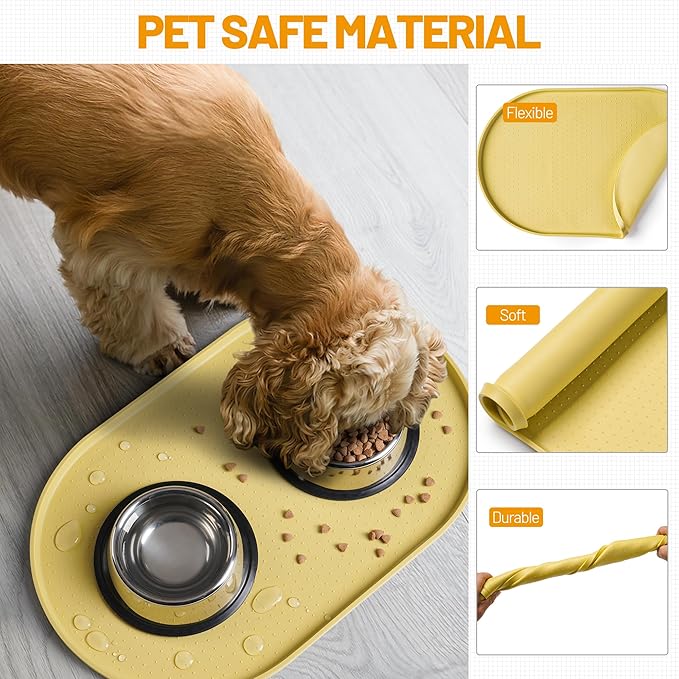 Hubulk 100% Waterproof Silicone Pet Feeding Mat with Raised Edge for Food and Water, Dog Bowl Mats, Cat Bowls Placemat with High Lip Protects Floor for Cats and Dogs (Yellow, 24" L x 16" W)