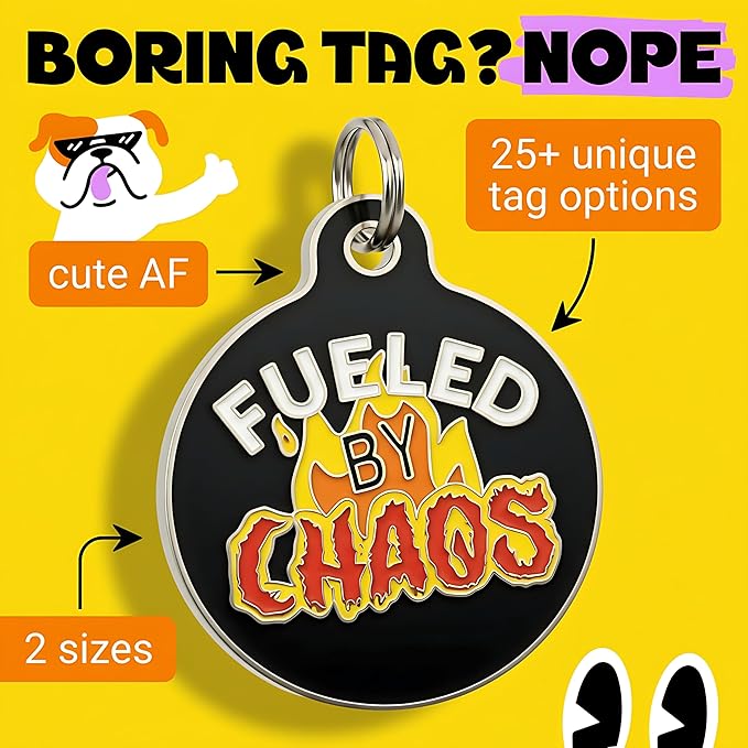 Bad Tags Personalized Dog and Cat ID Tags in 25+ Designs and 2 Sizes - 5 Lines of Custom Engraved Text - Funny Cute Personalized Pet Tags (Fueled by Chaos, Large (1.25 inch))