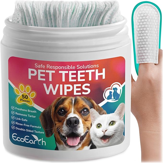 Premium Teeth Cleaning Wipes for Dogs & Cats - 50 Pcs - Pet Dental Care Finger Pads for Fresh Breath & Oral Hygiene - Embossed Pattern & Nano Plastic-Dotting to Remove Plaque & Tartar