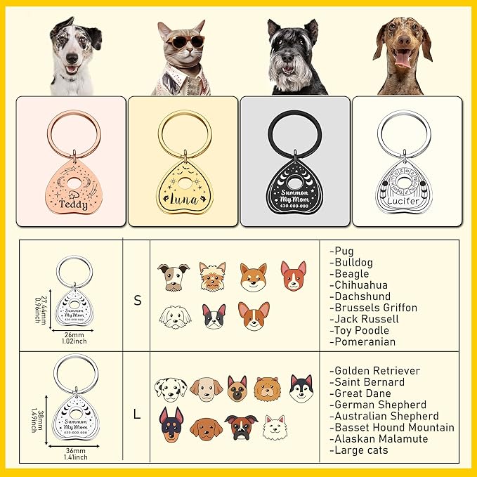 Cat Collar Tags Personalized - Goth Dog Tag Spooky Halloween Style, Summon My Mom Dad, Witch Friendly, Customizable Pet Name ID Tags Engraved on Both Sides, Dog Cat Accessories