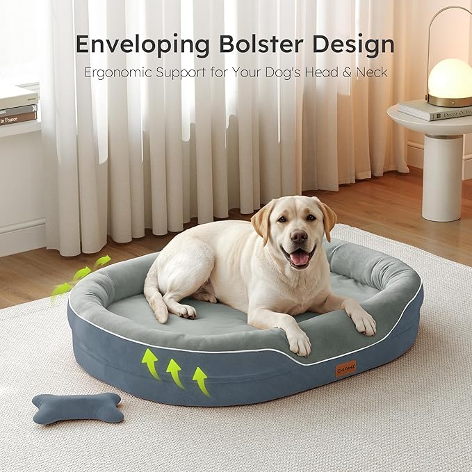 Jumbo Orthopedic Dog Bed, Big Dog Beds for Extra Large Sized Dogs with Full-Surround Bolsters, Dual-Sided Dog Cooling Bed with Memory Foam, Washable Pet Sofa Couch with Nonslip Bottom, Dark Grey