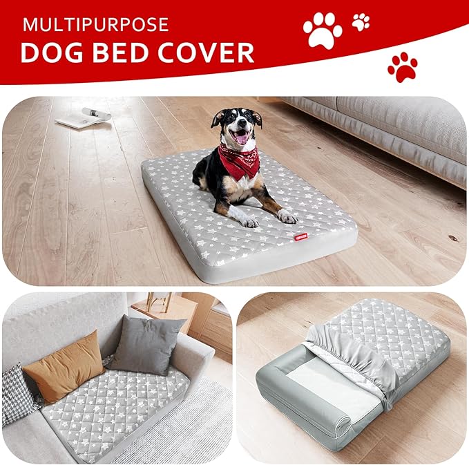Waterproof Dog Bed Covers Replacement Washable Pet Hair Easy to Remove, Noiseless Quilted Puppy Pet Bed Cover Lovely Grey Star Print 22x35 Inches, for Dog/Cat, Cover Only