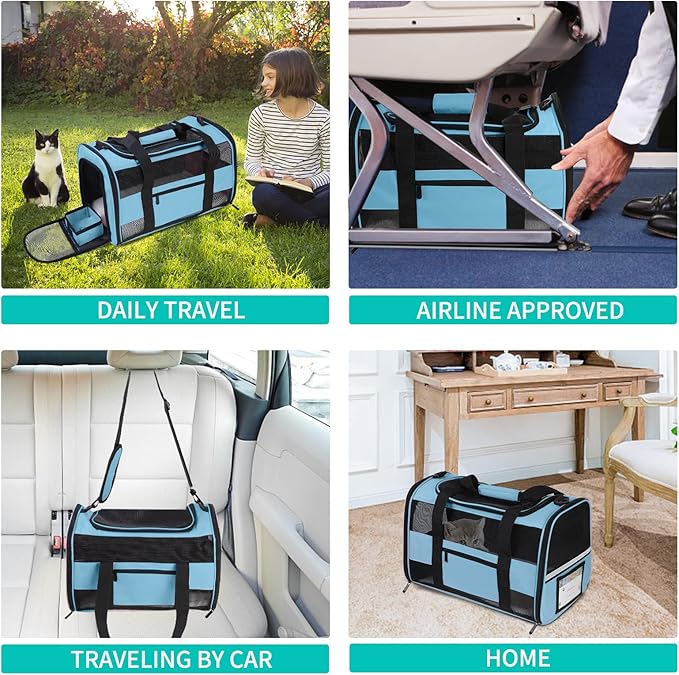 Airline Approved Pet Carrier Backpack for Cats & Dogs, Expandable Collapsible Cat Carrier with Breathable Mesh & Safety Leash, Portable Dog Travel Carrier for Hiking/Car/Train Blue