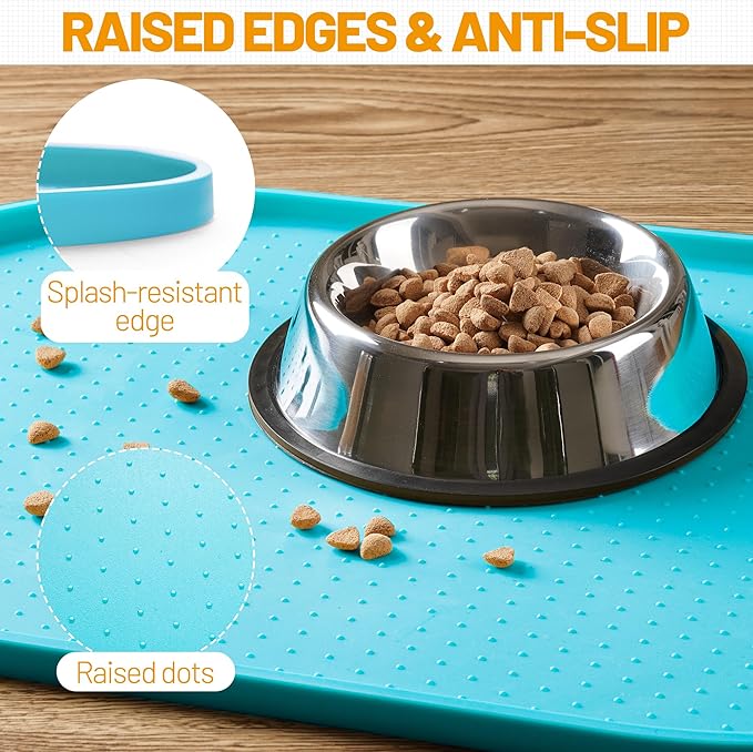 Hubulk 100% Waterproof Silicone Pet Feeding Mat with Raised Edge for Food and Water, Dog Bowl Mats, Cat Bowls Placemat with High Lip Protects Floor for Cats and Dogs (Teal, 32" L x 24" W)