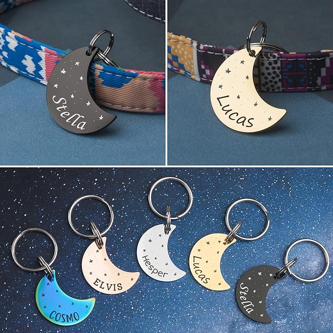 Anavia Small Size Dog Cat ID Tags, Small/XS Personalized Color Plated Stainless Steel Puppy Kitten Name Tags, Customized Engraved Nameplate Pet Collar Tag (Black, Moon)