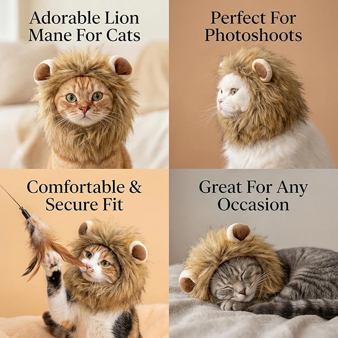 Adjustable Lion Mane Wig Pet Costume, Soft Halloween Cat Clothing with Secure Fit, Comfortable Feline Apparel for Parties, Fun Photo Sessions with Adorable Cat Costumes (Size M)