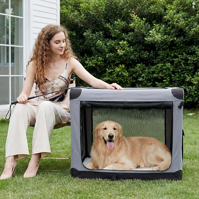 Dog Travel Crate 42 Inch, Portable Soft-Sided Travel Carriers for Dogs and Cats, Foldable Pet Kennel with 3-Doors Mesh Windows Indoor & Outdoor, Grey