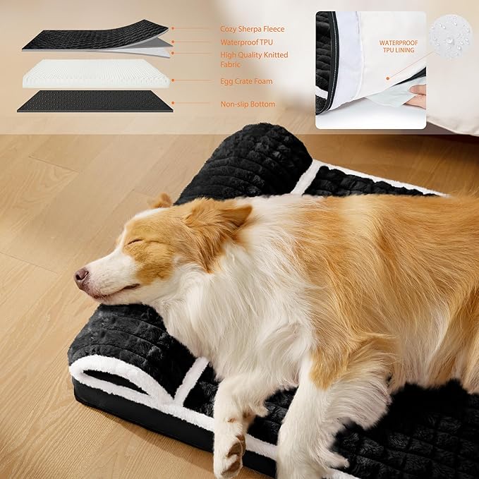 Orthopedic Dog Bed Large Sized Dog with Pillow 36''X24'', Waterproof Soft Comfortable Egg Crate Foam Pet Crate Beds Mat with Removable Washable Cover and Non-Slip Bottom, Black