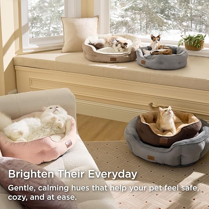 Bedsure Dog Beds for Small Dogs - Round Cat Beds for Indoor Cats, Washable Pet Bed for Puppy and Kitten with Slip-Resistant Bottom, 20 Inches, Camel